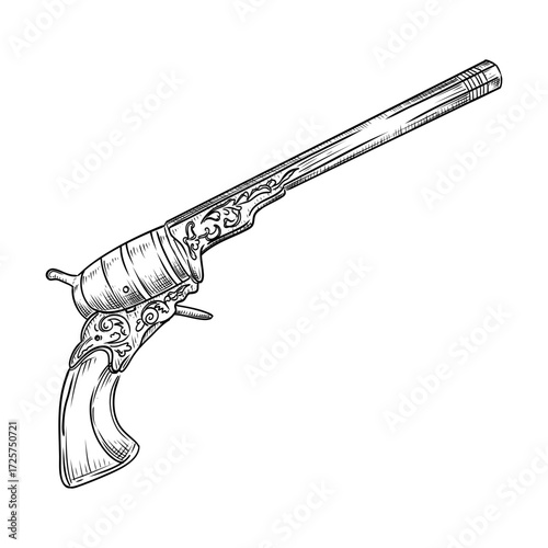 Antique Flintlock Pistol Hand Drawn Vector Illustration