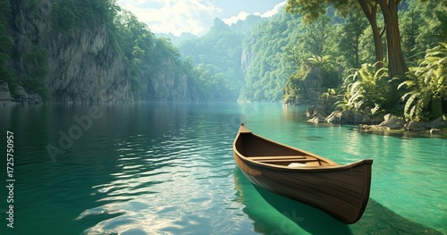 Tranquil Wooden Boat on Serene Water Surrounded by Lush Greenery in a Hidden ...