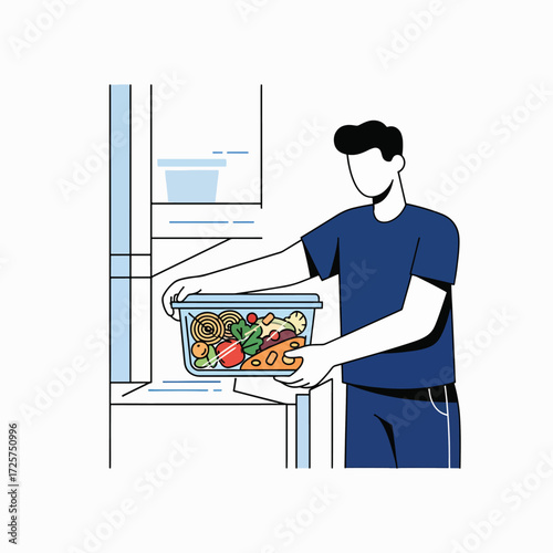 Person placing a container of fresh vegetables and food into a refrigerator