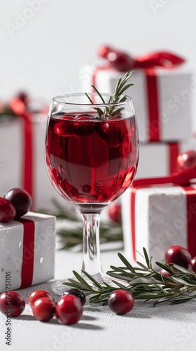 Festive Drink With Cranberries and Gifts for Holiday Celebration.