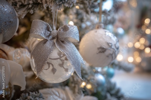 Silver and White Ornaments on a Christmas Tree With Warm Lights in a Cozy Set...