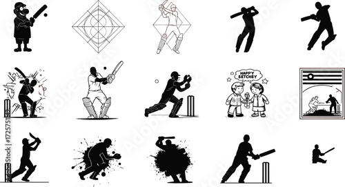 Cricket player silhouette vector set, batsman clipart, wicket keeper icons, sports design elements, splatter art, and cartoon cricket graphics