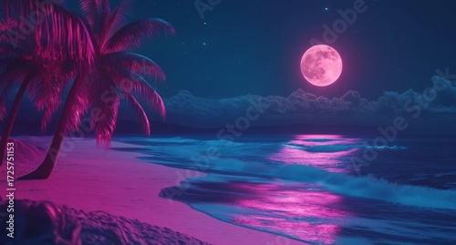Vibrant Moon Glowing Brightly Over a Serene Beach With Palm Trees at Night.