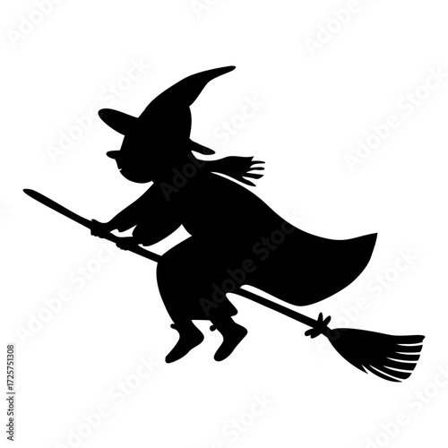 Witch flying on broom silhouette. Halloween design element concept. 