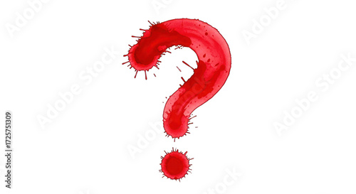 Red Watercolor Question Mark with Splatters on White Background.
