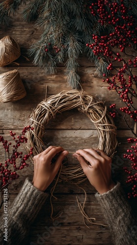 Creating a Holiday Wreath With Natural Elements and Festive Decor.