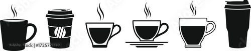 Coffee cup icon illustrations—mugs, takeout, espresso, travel styles—vector artwork, hot beverage, café design, minimal, silhouette, morning ritual