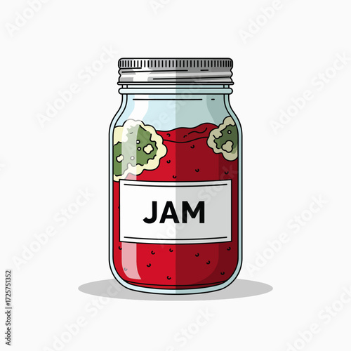 A jar of red jam with moldy spots on the inside walls of the glass container
