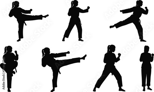 Martial arts silhouette kicking, punching, training poses, karate taekwondo practice, athlete movement, combat sport, fitness lifestyle, vector illustration design