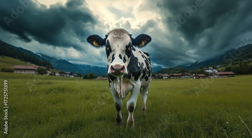 Cow Standing in a Green Field Under Dark Clouds in the Countryside During Lat...