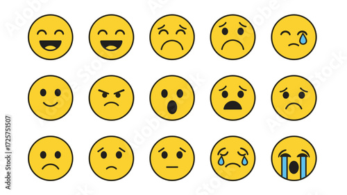Emotional Expressions, Yellow Face Icons, Digital Art, Vibrant Background, Graphic Design, Creative Concept