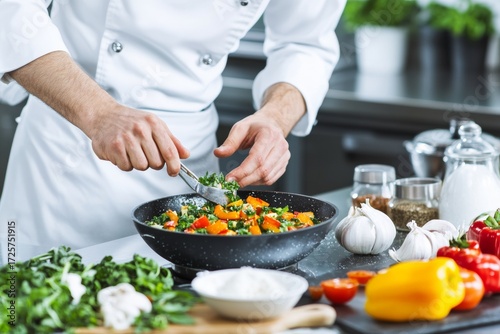 Chef preparing fresh vegetable stir-fry in modern kitchen