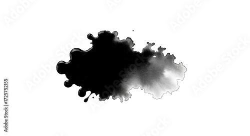Abstract Black Ink Stain with Watercolor Gradient Effect on White.