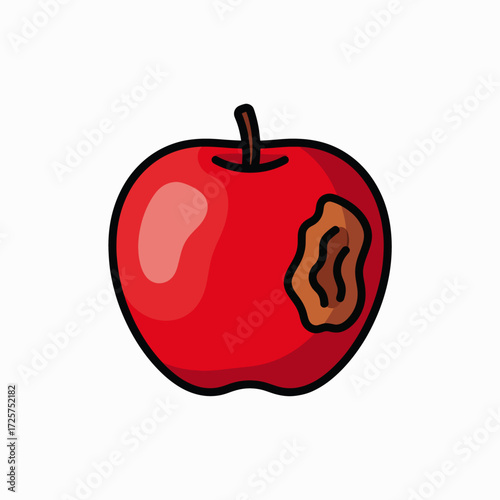 The rotten apple shows a brown bruised area indicating decay and spoilage of the fruit