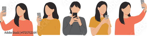 Illustration of diverse young people using smartphones, taking selfies, browsing social media, modern digital lifestyle, mobile addiction, online communication