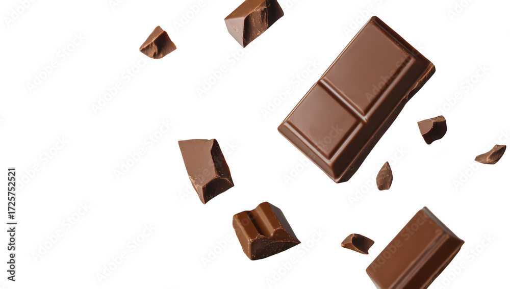Fototapeta premium A dynamic composition of chocolate pieces and bars floating against a clean white background. the rich texture and color of the chocolate. ideal for culinary and dessert-related uses