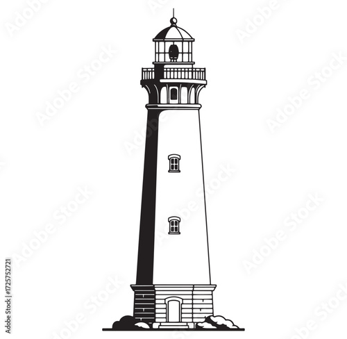 Black and white illustration of a detailed lighthouse standing on a rocky coastline