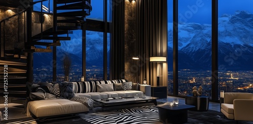 Modern Living Room With Stunning Mountain View at Night.