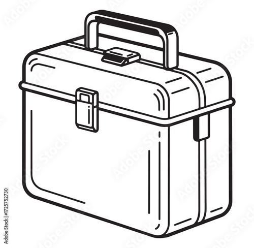 Black and white illustration of a detailed toolbox with handle and latch for craftsmen