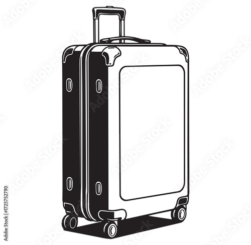 Black and white illustration of a rolling suitcase isolated on a white background ready for travel