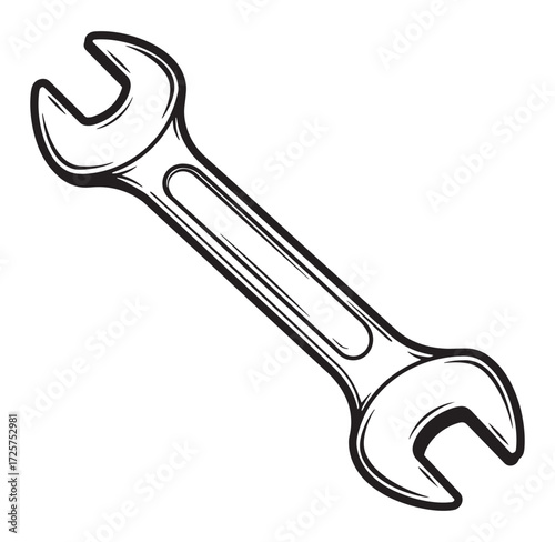 Black and white illustration of a wrench isolated on a clean white background