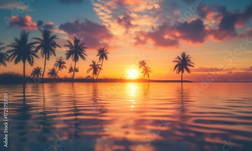 Beautiful Sunset Over Calm Ocean With Silhouettes of Palm Trees Near the Shore.