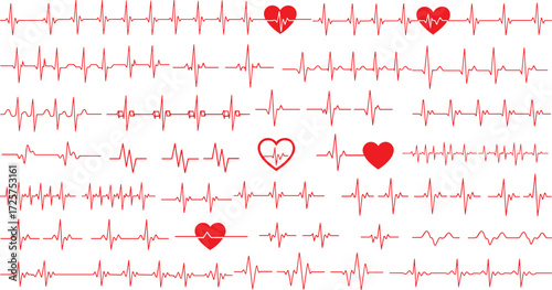 Vector illustration of heartbeat ECG lines with heart icons, medical cardiology design, health monitoring waveform, pulse rhythm isolated elements