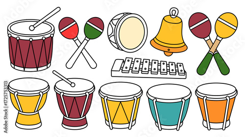 Colorful Cartoon Musical Instruments for Kids Education and Entertainment Illustration Featuring Drums Maracas Xylophone and Bell