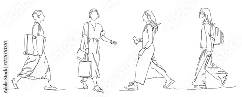 Women walking set. Holding mobile, shopping bag, backpack. Side view. Continuous line drawing elements. Vector illustration in line art style.