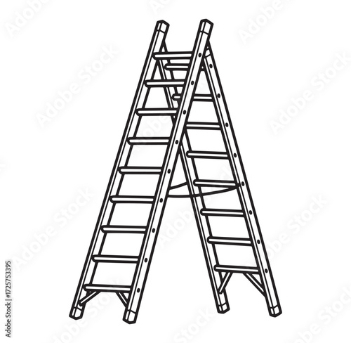 Black and white outline illustration of a folding wooden ladder for construction and renovation