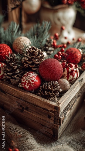 Christmas Decorations in a Wooden Box Filled With Ornaments and Pinecones