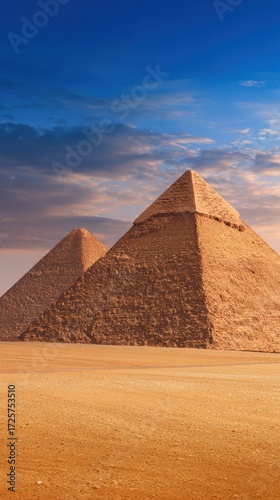 Majestic pyramids under a vibrant sky at sunset, showcasing ancient architecture in a desert landscape