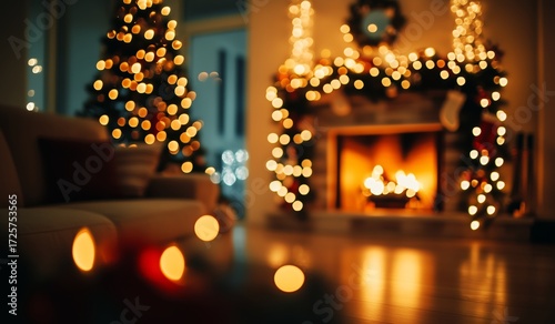 Warm Holiday Setting With a Glowing Fireplace and Decorated Christmas Tree Du...