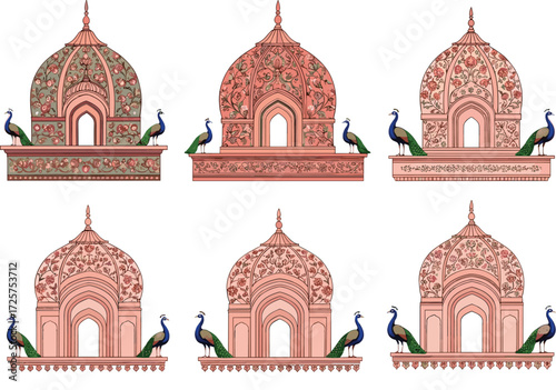 Dome pavilion illustrations with peacocks—floral, symmetrical, traditional styles—Indian architecture vector artwork, heritage, elegance, culture, ornament, design