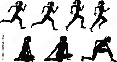 Running silhouette athlete stretching, sitting, lunging, dynamic stride poses, fitness lifestyle, exercise training, sport activity, body movement, vector illustration design