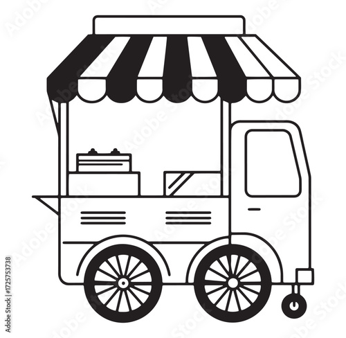 Black and white vector illustration of a street food cart with striped awning