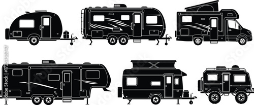 Silhouette recreational vehicles, travel trailers, motorhome, camper van, fifth wheel, pop-up camper, off-road RV, camping, road trip, outdoor adventure illustration