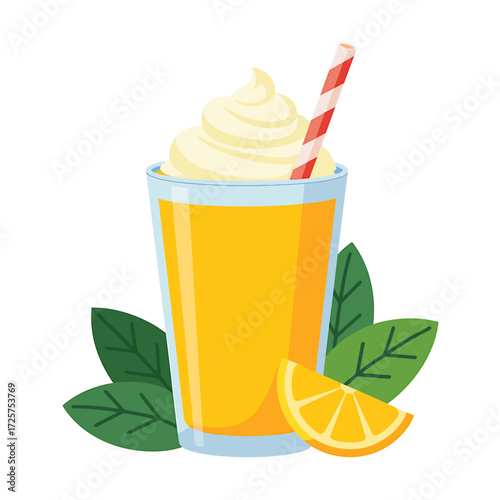 Delicious orange smoothie with whipped cream and a striped straw refreshing summer beverage ideal for healthy lifestyle and culinary themes