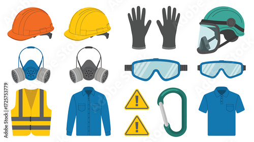 Safety equipment collection featuring hard hats masks gloves goggles and clothing with warning signs and carabiner clip in vector illustration