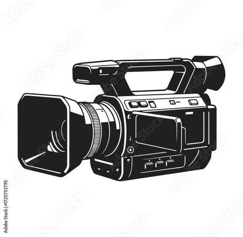 Classic black and white vector illustration of a professional camcorder for media production