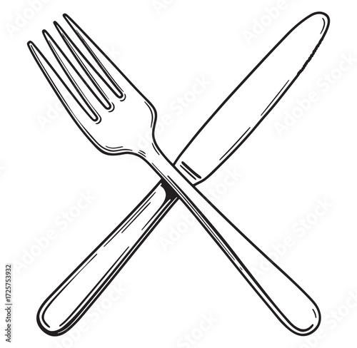 Crossed fork and knife illustration in black and white for restaurants and dining concepts