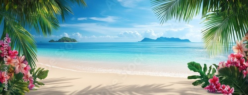 Colorful Tropical Beach Scene With Lush Palm Trees and Gentle Waves in Bright...