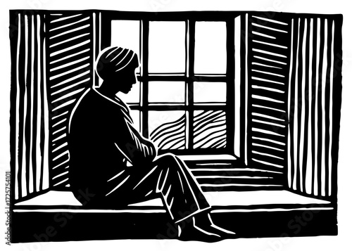 Person Sitting by Window Silhouette, Reflection Calm SVG, PNG