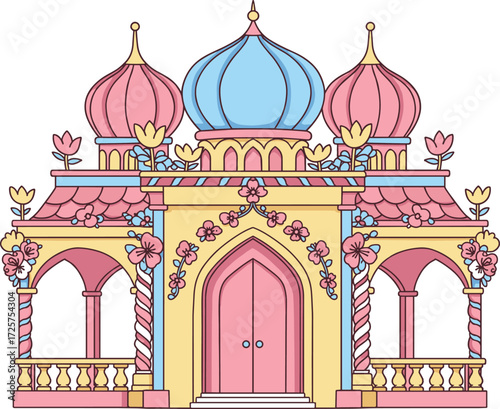 Fantasy palace with pastel domes, floral decorations, striped columns, symmetrical design, magical architecture, fairy tale theme, vector illustration, decorative, enchanting