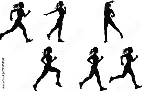 Running silhouette woman jogging poses, athletic stride, fitness lifestyle, exercise training, sport activity, body movement, dynamic action, vector illustration design