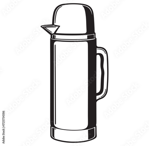 Elegant black and white illustration of a classic insulated thermos for hot beverages