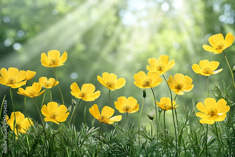Fototapeta premium Vibrant Floral Background Featuring Stunning Wild Yellow Buttercup Flowers Amidst Sunbeams on Soothing Nature Hues