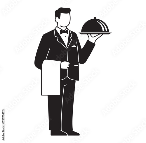 Elegant illustration of a formal waiter carrying a cloche on a serving tray for fine dining