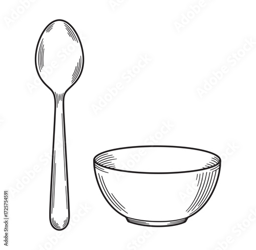 Hand drawn illustration of a spoon and a bowl ready for serving food and meal