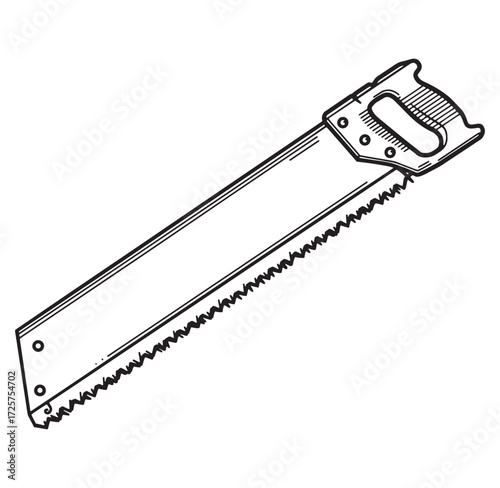 Hand saw illustration in black and white simple outline perfect for construction and woodworking projects